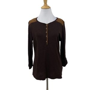 Lauren Ralph Lauren Henley Shirt Womens M Medium Faux Suede Tab Sleeve Top